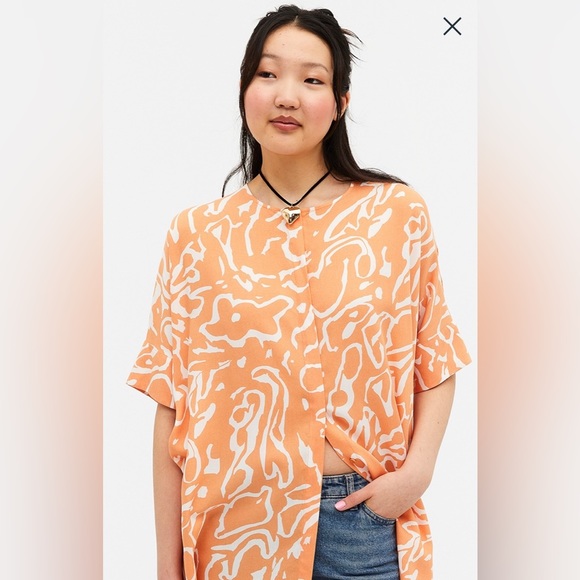 Monki Orange Doodle Print Oversized Shirt Dress - Picture 2 of 10